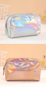 Detailed comparison of holographic silver and rose gold makeup bags with metallic finish
