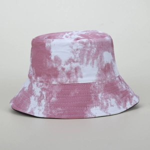 Summer tie-dye bucket hat with pink and white gradient pattern for sun protection