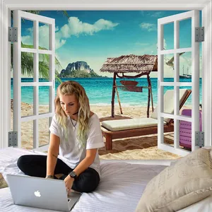 3D window view wall tapestry with beach scenery and welcome sign for room decor