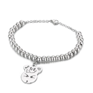 Silver beaded bracelet with cute pig pendant and lobster clasp in polished stainless steel
