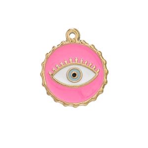 Detailed macro view of pink and gold Evil Eye pendant with wave-edged metal finish