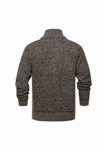 Rear view of men's slim fit stand collar knit jacket in dark brown textured wool blend