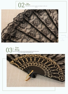 Detail of elegant black lace folding fan with golden hollowed floral pattern on ribs