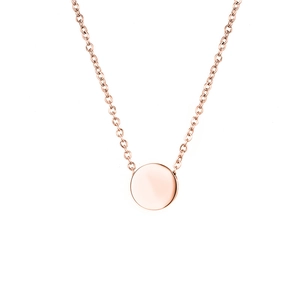 Minimalist round pendant necklace for women in rose gold stainless steel on white background