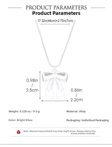 Detailed dimensions of bowknot pendant necklace with zircon inlay and snake chain