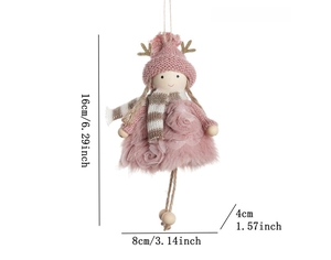 Pink Christmas angel pendant details with plush fabric and 16cm height measurement info
