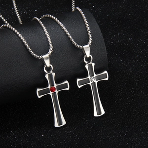 Cross Pendant Necklace Stainless Steel Box Chain Alloy Enamel Inlaid Rhinestone Retro Hip Hop Gothic Religious Jewelry