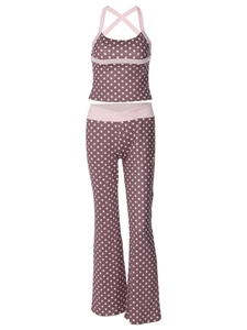 Ensemble deux pièces à pois avec haut court marron et pantalon évasé assorti
