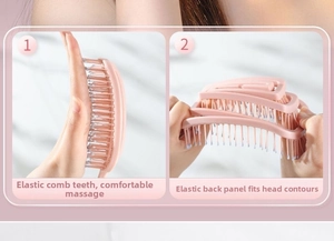 Close-up showing the flexible pink bristles and hollow backplate for scalp massage