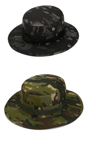 Detail of outdoor camouflage boonie hats in black and jungle green with breathable vents