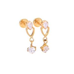 Titanium gold stud earrings with heart cut-out and pear shaped sparkling zircon stones