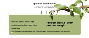 Detailed size chart for mirror disco balls ranging from 2cm to 80cm for event decor