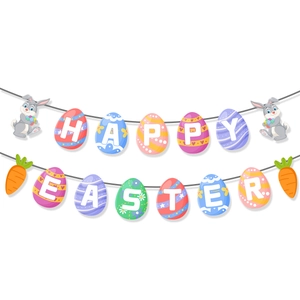 Happy Easter banner featuring colorful egg cards, cartoon bunnies, and orange carrots