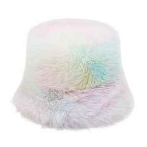 Close-up of plush faux fur bucket hat with macaron tie-dye gradient fluffy texture