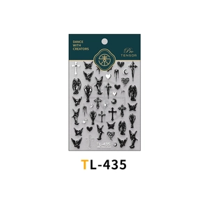 Gothic nail art decals featuring black angels, silver crosses, and stars on TL-435 sticker sheet