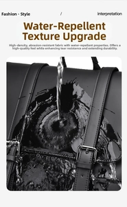 Close-up of waterproof high-density matte fabric on black travel backpack with water splashes