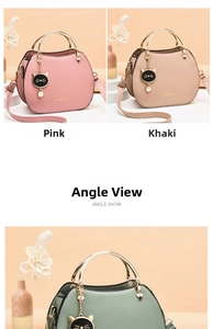 Detailed views of stylish shell bags in pink, khaki, and green with cute cat pendants