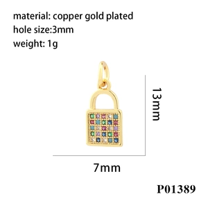 Micro-pave rainbow zircon lock pendant in copper gold plated 13x7mm diy charm
