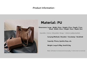 Brown PU leather tote set showing 33cm large bag and 23cm small crossbody bag detail