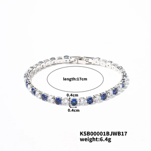 Detail view of silver micro-pave bracelet with blue and white stones showing 17cm length