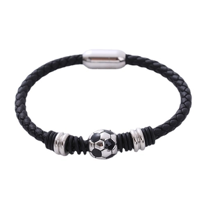 Braided leather football bracelet for men with magnetic stainless steel clasp