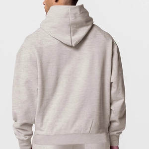 Rear view of a light heather grey fleece hoodie featuring ribbed cuffs and hem details