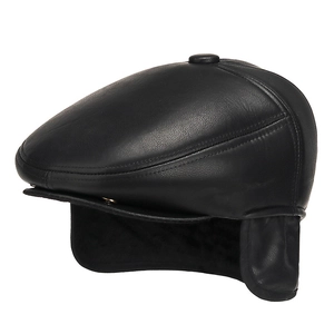 Winter faux leather flat cap for men with warm ear flaps and premium stitching