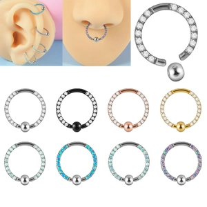 Detail of stainless steel BCR captive bead rings with opal and zircon on ear and nose models