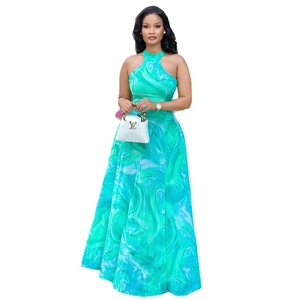 Elegant green marble print halter neck sleeveless A-line long maxi dress for women
