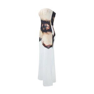 Side view of a slim fit strapless maxi dress with black and brown abstract dye print