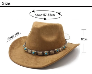 Détail du chapeau de cow-boy en daim marron avec perles turquoise et dimensions du produit