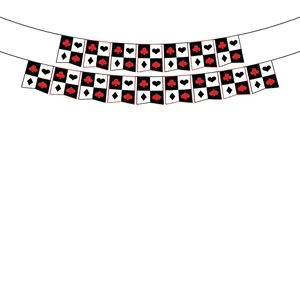 Poker themed casino party banner featuring card suit designs on black checkered background
