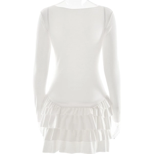 Detailed rear view of white ribbed mini dress featuring tiered ruffle skirt layers