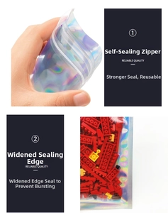 Holographic zip-lock bag showing reinforced edges and reliable sealing quality detail