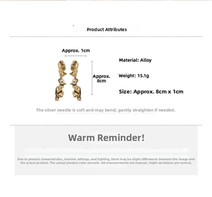 Detail specifications of golden irregular alloy earrings with silver pins and 8cm length