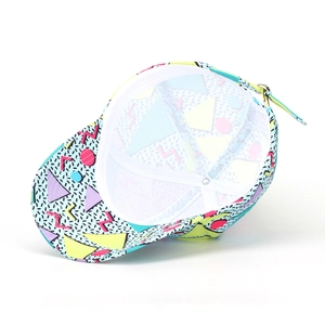 Detail view of colorful geometric print baseball cap with breathable mesh and metal buckle