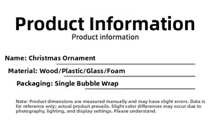 Detailed specifications for Christmas ornaments showing material and packaging information
