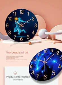 Detail view of stylish round wall clocks with basketball silhouette and geometric patterns