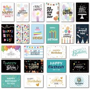 Set of 24 minimalist birthday greeting cards with diverse artistic designs and envelopes