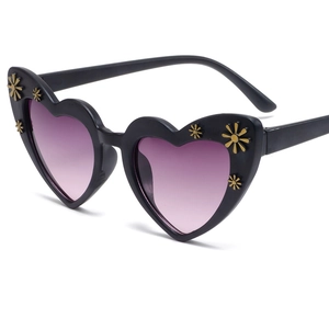 Kids heart shaped sunglasses with black thick frames and pink purple gradient lenses
