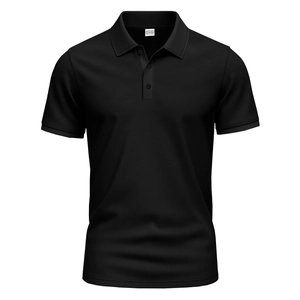 Detailed view of black polo shirt collar with size tag and breathable polyester mesh fabric
