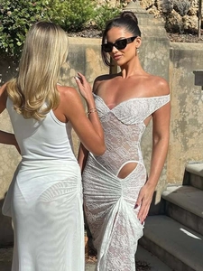 White lace hollow-out dress with off-shoulder design and side cutouts for summer