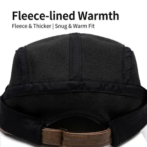Fleece-lined vintage newsboy cap with adjustable brown leather strap and metal buckle