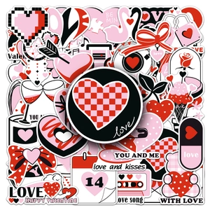 Close-up of waterproof Valentine stickers with red and black heart-shaped designs