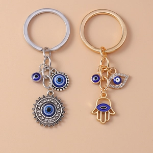 Vintage Hip Hop Evil Eye Hamsa Hand Sun Metal Keychain Rhinestone Enameled Bag Pendant Car Key Ring Accessory Jewelry Gift