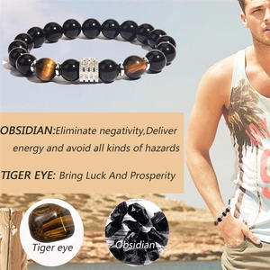 Men's 10mm tiger eye and black obsidian beaded bracelet with crystal metal accents