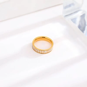 Polished gold stainless steel band ring featuring full circle rectangle zircon stones