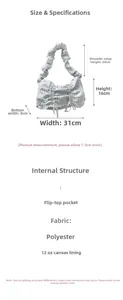 Detailed size specifications and interior structure of the striped pleated shoulder bag