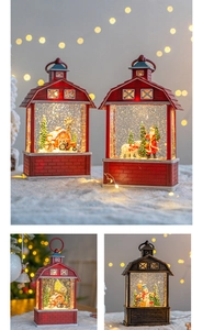 Macro shot of Christmas snow globe lantern with Santa Claus and sparkling LED glitter