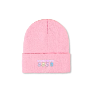 Detail of pink knitted beanie featuring four colorful bears and Japanese text embroidery